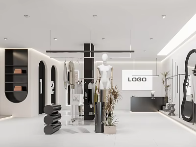 Modern White Clothing Store With Black Display Racks Mannequins Hanging Clothes Reception Desk Mirrors Logo 3d model