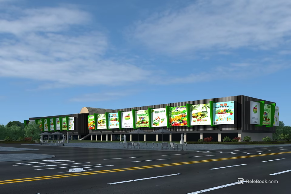 Modern Commercial Street Facade With Green Advertising Billboards And Parking Area 3d model 