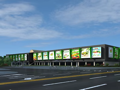 Modern Commercial Street Facade With Green Advertising Billboards And Parking Area 3d model
