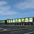 Modern Commercial Street Facade With Green Advertising Billboards And Parking Area
