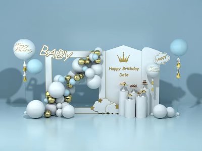 Baby First Birthday Party Decor With White Gold Balloons Crown Cloud And Cake 3d model