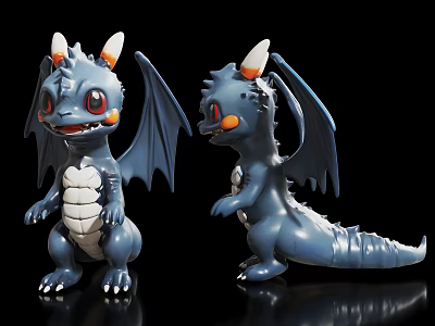 Two Cute Blue Dragon Dolls With Wings Horns Orange Cheeks And White Belly Claws 3d model