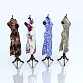 Stylish Mannequins Displaying Traditional Cheongsams With Diverse Patterns On Wooden Stands In White Background