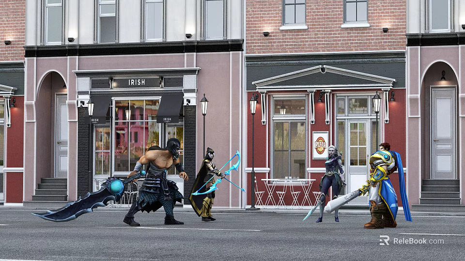 Game Movie Characters on Street with Various Weapons Outfits Against Brick Pink Building Background 3d model 