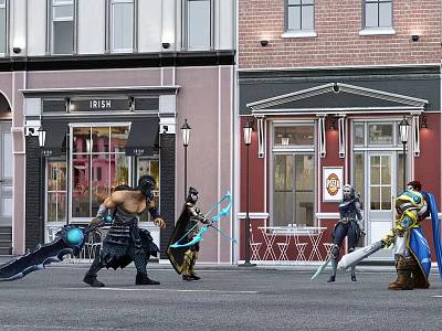 Game Movie Characters on Street with Various Weapons Outfits Against Brick Pink Building Background 3d model