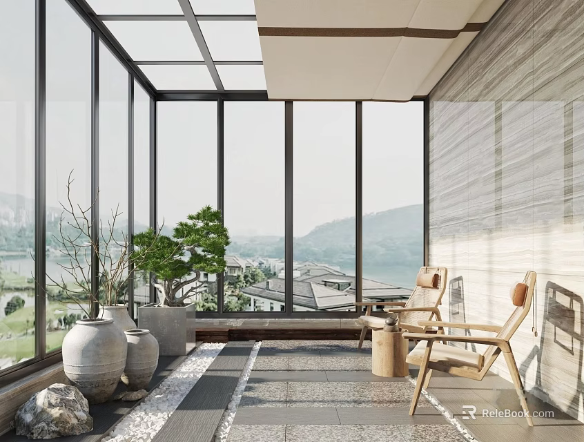 Spacious Villa Balcony with Large Glass Windows Mountain View Wooden Chairs and Green Plants 3d model 
