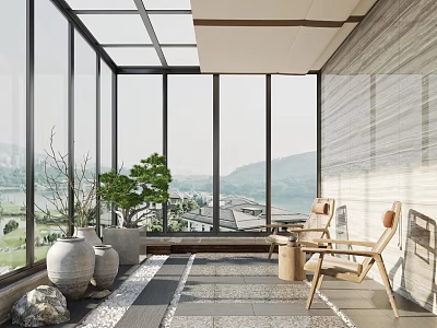 Spacious Villa Balcony with Large Glass Windows Mountain View Wooden Chairs and Green Plants 3d model