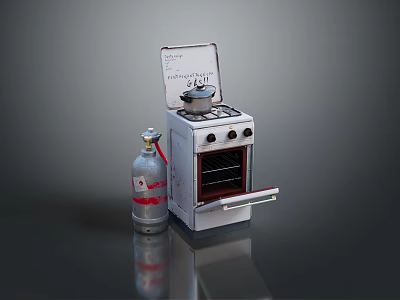 Mini Gas Stove Equipment With Open Oven Door And Gas Cylinder 3d model