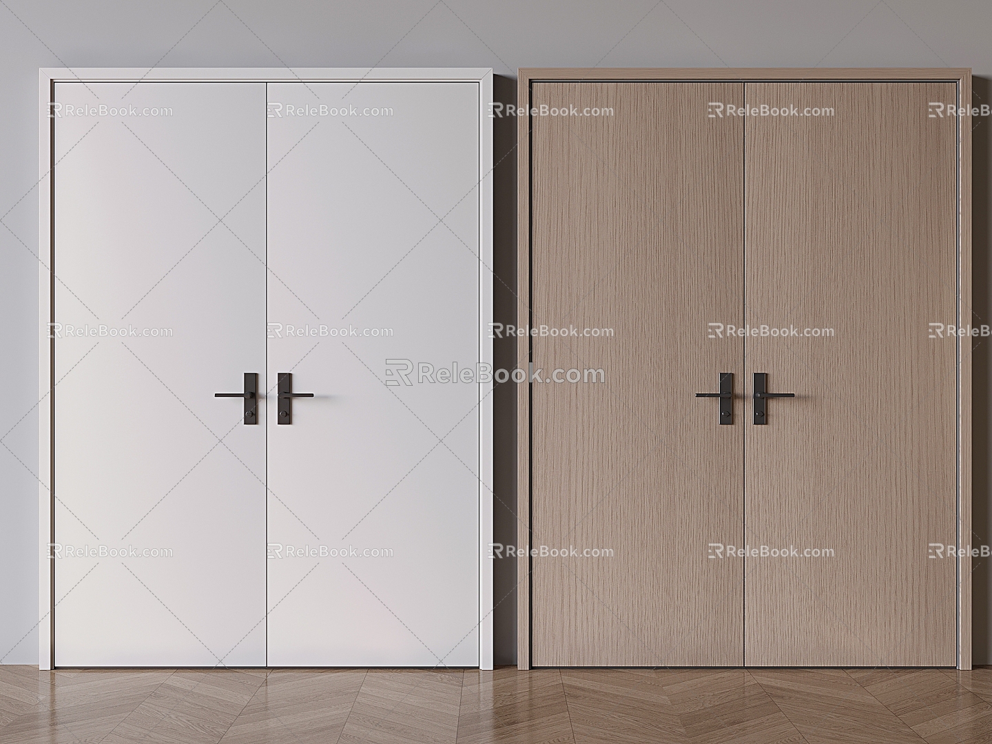 Nordic Solid Wood Double Door Cream Wind Double Door Hotel Flat Door Banquet Hall Double Door 3d model