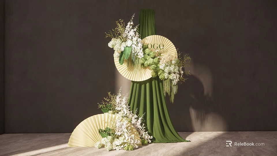 Elegant Floral Installation With Green Curtain Fan Shaped Decor And White Light Green Flowers 3d model 