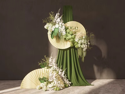 Elegant Floral Installation With Green Curtain Fan Shaped Decor And White Light Green Flowers 3d model