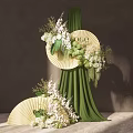 Elegant Floral Installation With Green Curtain Fan Shaped Decor And White Light Green Flowers