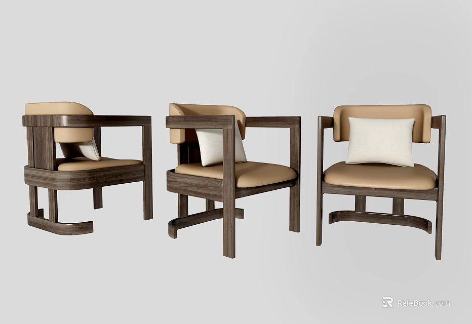 Modern Set of Three Armchairs With Wooden Frame And Light Upholstery 3d model 