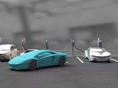 Modern Electric Cars Parked At Charging Stations In Parking Lot 3d model