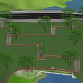 Scenic Park Landscape With Lush Green Lawn Tall Trees Wooden Walkways And Pedestrian Bridge