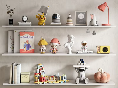 Colorful Decorative Ornaments Set on Shelves With Dolls Astronaut Figures Building Blocks And Robot Decor 3d model