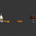 Chocolate Cake Display With Milk Eggs Butter Flour and Orange Pastry on Blue Stand