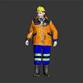 Worker Wearing Yellow Hard Hat Orange Jacket Blue Pants with Green Stripes and Black Boots