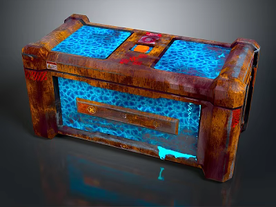 Rusted Metal Chest With Blue Glowing Panels And Transparent Sections Vintage Tech Design 3d model