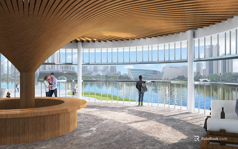 Modern Post Station Interior With Water View And Cityscape 3d model 