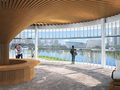 Modern Post Station Interior With Water View And Cityscape 3d model