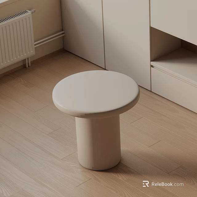 Minimalist White Round Side Table With Cylindrical Base On Wooden Floor 3d model 