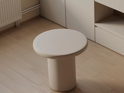 Minimalist White Round Side Table With Cylindrical Base On Wooden Floor 3d model