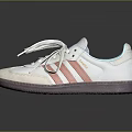 White Sports Shoes With Orange Stripes White Laces Blue Tongue Logo And Purple Sole