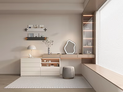 Modern Dressing Table With Irregular Mirror Table Lamp Stool Decorative Shelves In Natural Light 3d model