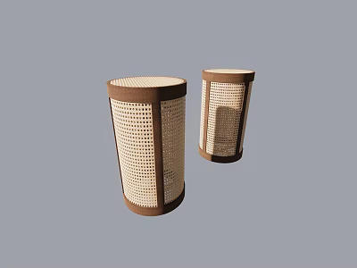 Pair of Modern Cylindrical Woven Stools with Brown Frame and Beige Seat 3d model