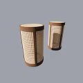 Pair of Modern Cylindrical Woven Stools with Brown Frame and Beige Seat