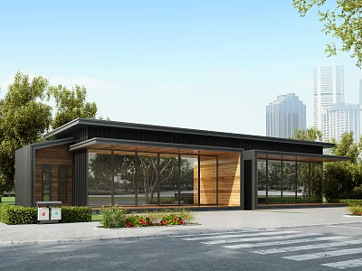 Modern Building Exterior Design With Large Glass Windows Wooden Accents And Urban Greenery Background 3d model