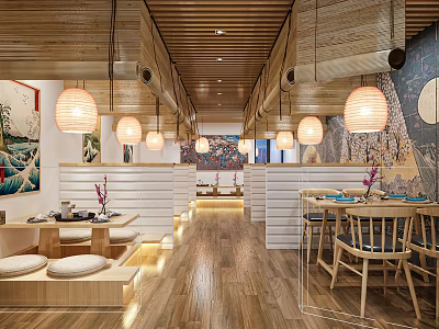 Traditional Restaurant Interior With Wooden Ceiling Paper Lanterns And Dining Tables Chairs 3d model