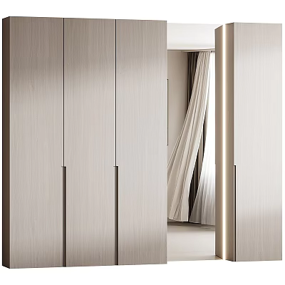 Modern Sleek Wardrobe Design With Light Wooden Panels And Sliding Doors 3d model
