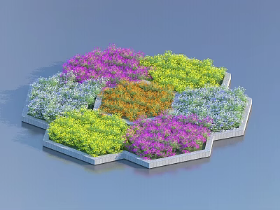 Hexagonal Garden Bed With Colorful Mixed Flowers In Various Colors And Stone Edging 3d model