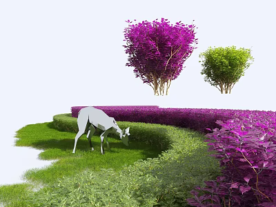 Lush Garden Plants With Purple And Green Shrubs Well Trimmed Hedge And White Deer Grazing 3d model
