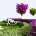 Lush Garden Plants With Purple And Green Shrubs Well Trimmed Hedge And White Deer Grazing