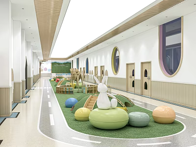 Kindergarten Corridor Play Area With Colorful Cushions And Rabbit Sculpture 3d model