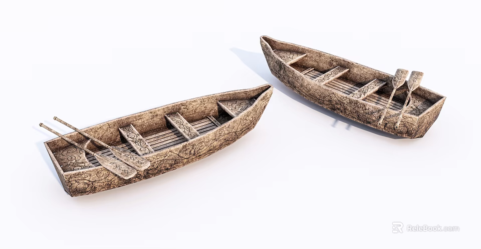 Rustic Wooden Boats With Natural Wood Grain And Carved Seats 3d model 
