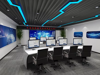 Modern Monitoring Room Featuring Multiple Screens Computers Workstations And Blue Ceiling LED Strips 3d model
