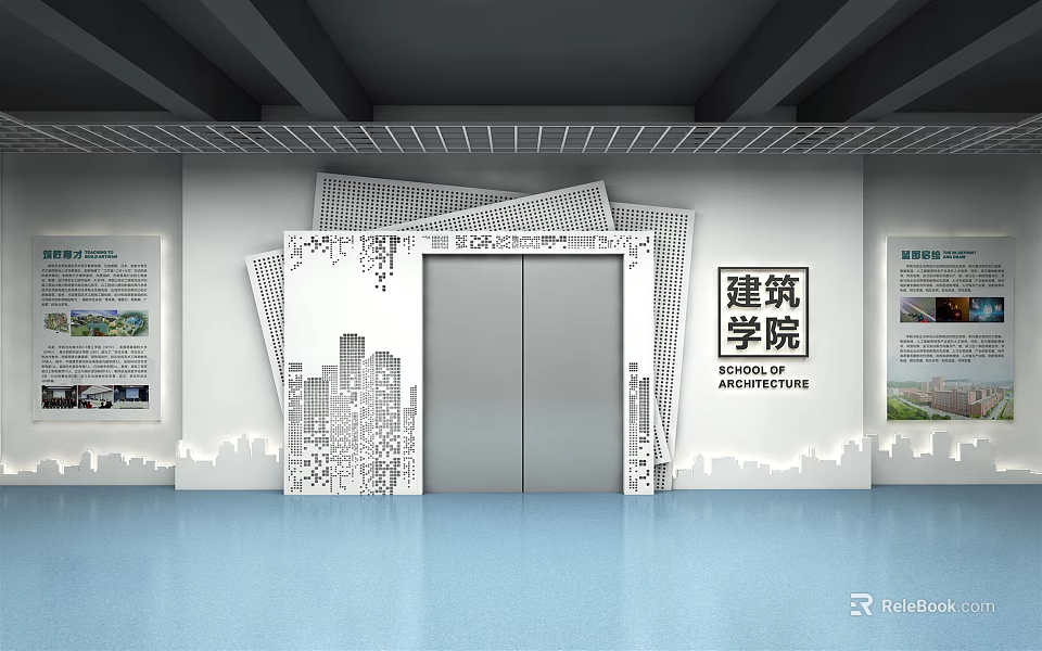 Decorative Elevator Door in School of Architecture with City Skyline Silhouettes Interior 3d model 