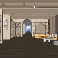 Entertainment Room With Wooden Floors Bookshelves Round Blue Seating Yellow Sofa And White Coffee Table