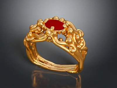 Exquisite Gold Ring With Red Gemstone And Intricate Floral Design Details 3d model