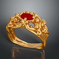 Exquisite Gold Ring With Red Gemstone And Intricate Floral Design Details