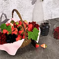Fresh Fruit Basket Filled With Strawberries Raspberries Blueberries On Gray Countertop With Glass Jars