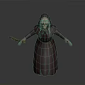 Hooded Old Woman In Dark Robe Holding Stick With Arms Outstretched