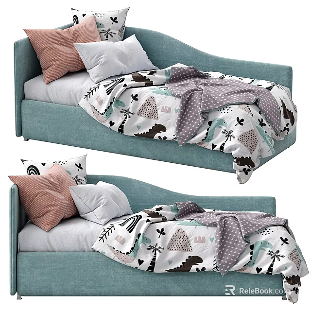 Light Blue Kids Bed Frame With Dinosaur Tree Print Bedding And Soft Pillows 3d model 