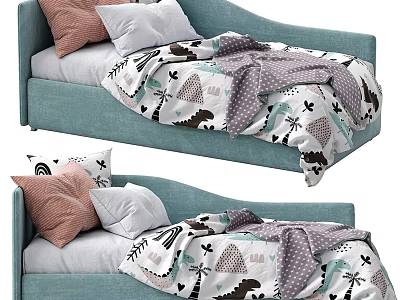 Light Blue Kids Bed Frame With Dinosaur Tree Print Bedding And Soft Pillows 3d model