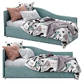 Light Blue Kids Bed Frame With Dinosaur Tree Print Bedding And Soft Pillows