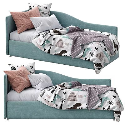 Light Blue Kids Bed Frame With Dinosaur Tree Print Bedding And Soft Pillows 3d model